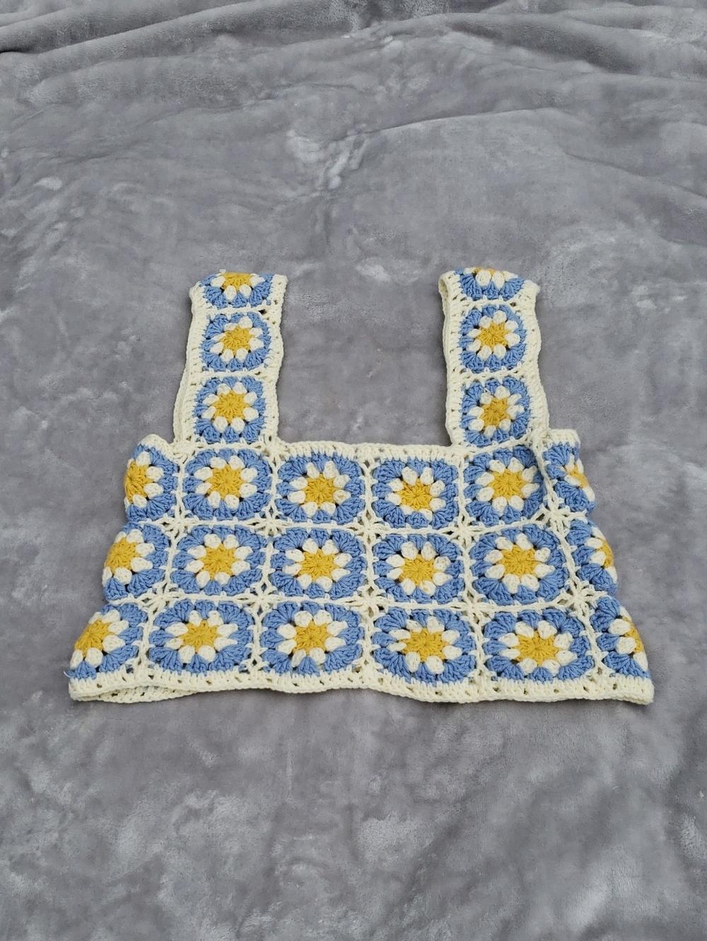 Handmade Crochet Crop Top in Blue, Yellow & Cream - Picture 2 of 4